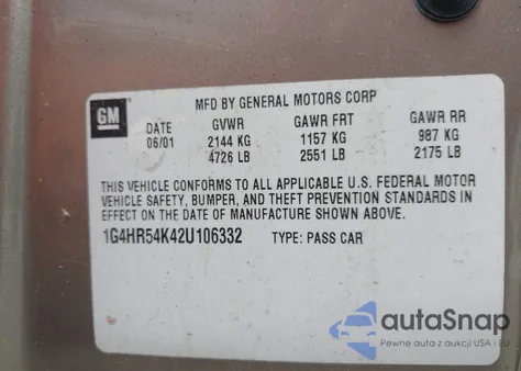 2002 Buick Lesabre Limited z USA, uszkodzony, nr VIN 1G4HR54K42U106332